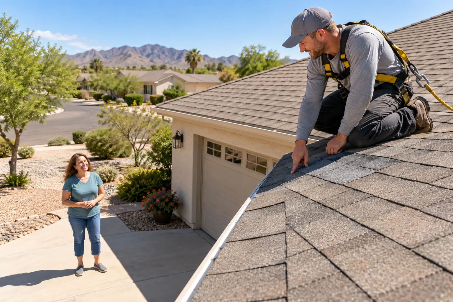 Independent roofing provider inspecting a shingle roof for leaks on a stucco home in San Jacinto