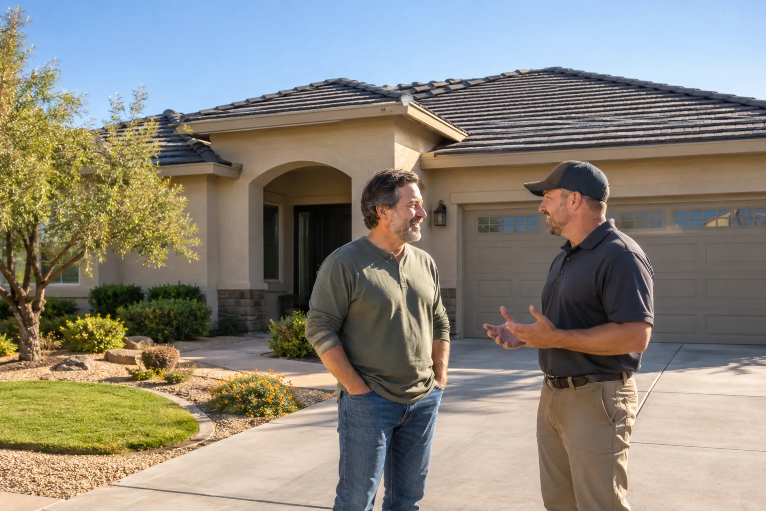 A friendly local roofing provider and a homeowner talking beside a house with a new roof in San Jacinto